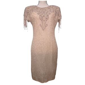 VTG Stenay Silk Beaded Cocktail Dress Sz 6 Nude/Peach Sheer Fringe Sleeves